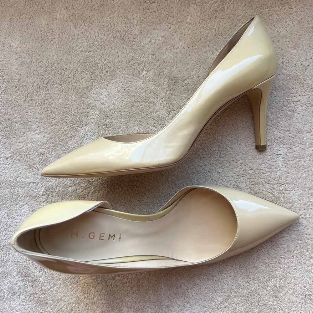 M. Gemi Women 7.5 EU 38 Nude Patent Leather Pointed‎ Toe D'Orsay Pump Heel Italy